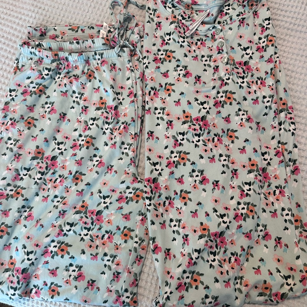 Flora Nikrooz Mint Floral Henley Top with Pink and Coral Accents